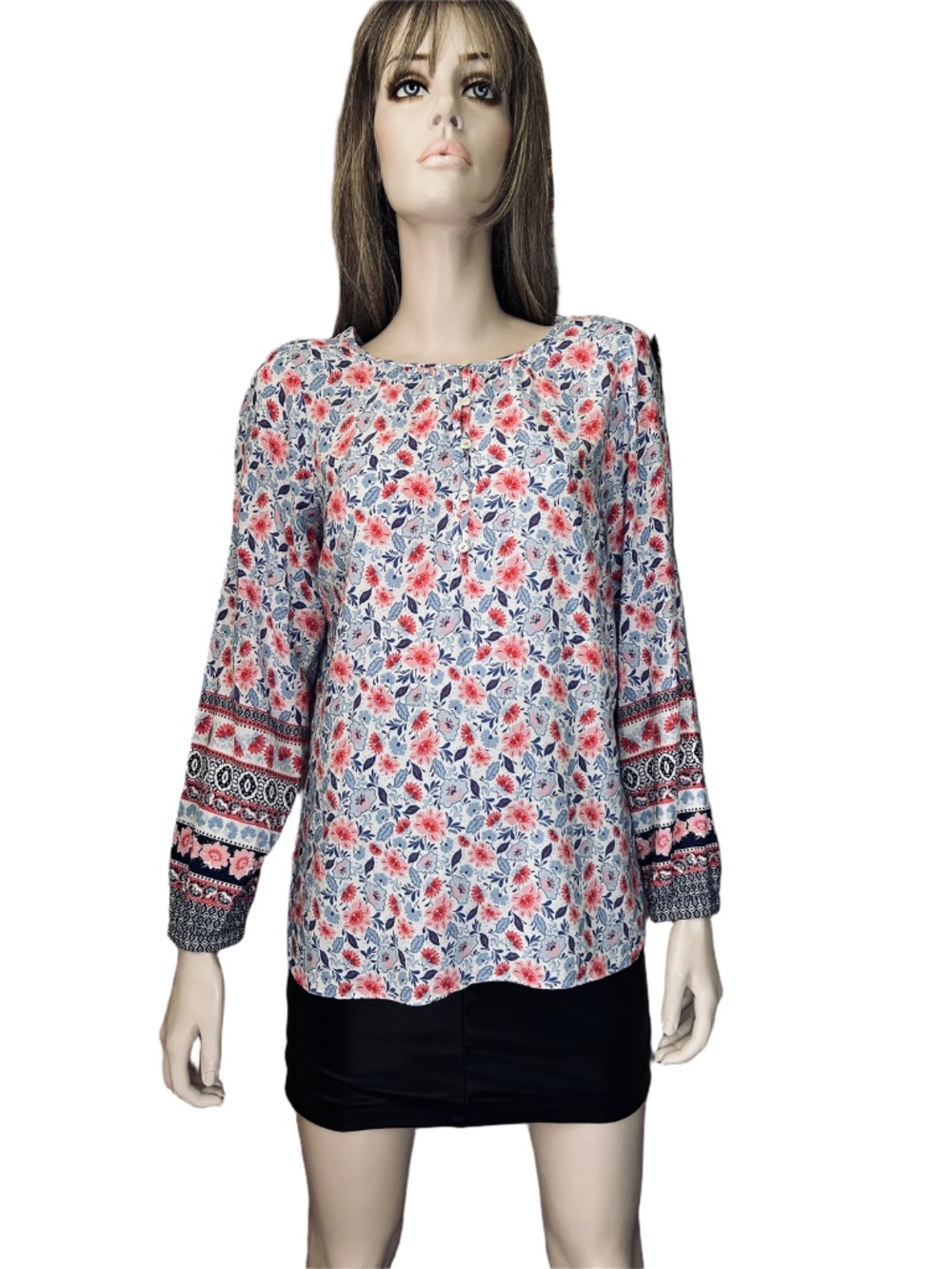 Talbots 100% Rayon Blouse Peasant Button Front Long Sleeve Floral Patchwork
